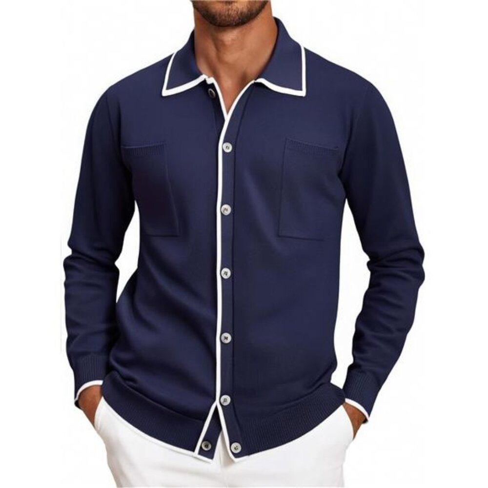 Men's Retro Cardigan Shirt Long Sleeve Two Pockets